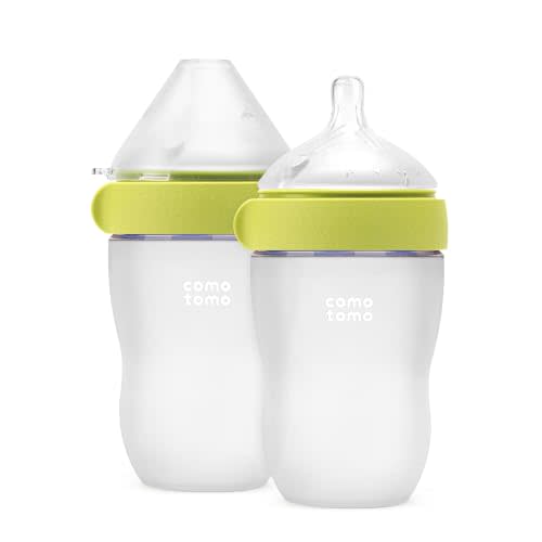 Comotomo Silicone Baby Bottle Gen 2, 8 oz Medium Flow, Green, 2 Pack | Dual Anti-Colic Vents, Soft Wide-Neck Silicone, Wider Stable Base, Leak-Resistant Ring, Easy to Clean, for Breastfed Babies