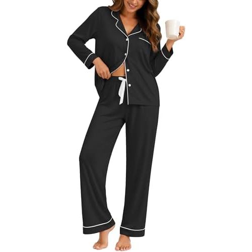 ZMJ Womens Pajamas Sets 2 Piece Long Sleeve and Pant Pj Sets Button Up Sleepwear