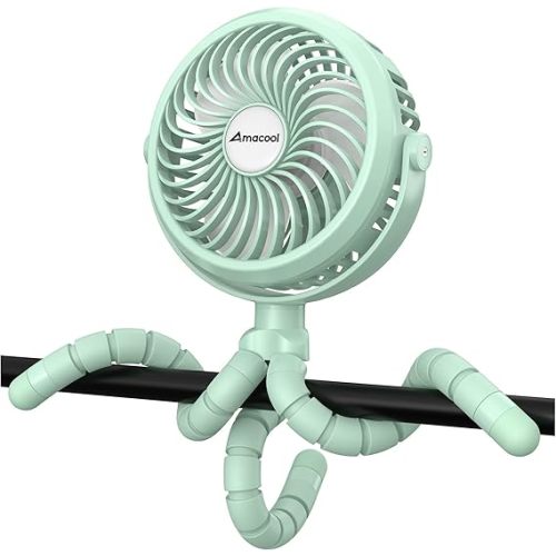AMACOOL Battery Operated Stroller Fan Flexible Tripod Clip On Fan with 3 Speeds and Rotatable Handheld Personal Fans for Car Seat Crib Bike Treadmill (Green)