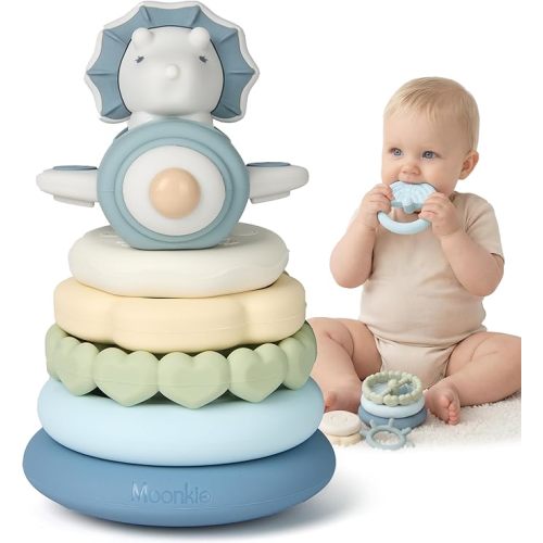 Moonkie Dinosaur Baby Stacking Toys | 7-Piece Silicone Rings for Teething Relief | Educational Toy for Infants & Toddlers 6 Months+ | Baby Shower or Birthday Gift for Boys