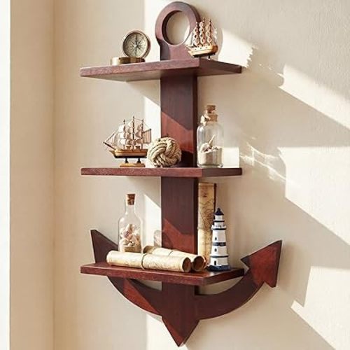 Pinkunn Solid Wood 3 Tier Wooden Nautical Wall Shelf, Handcrafted 24" H Anchor Floating Shelves, Heavy Duty Nautical Wall Mounted Organizer for Bedroom, Living Room, Lake House, Bathroom
