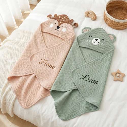 Custom Baby Hooded Towel with Name | Animal Muslin Cotton Bath Towel | Bear Elephant Deer Bunny | Personalized Baby Gift