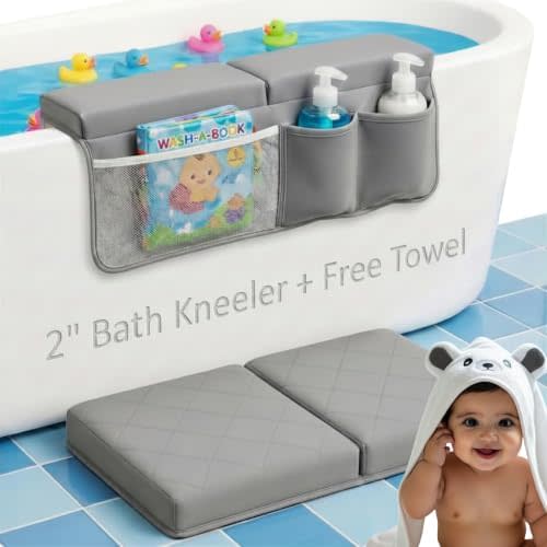 2inch Extra Thick Baby Bath Kneeler and Elbow Rest Pad Set + Hooded Towel