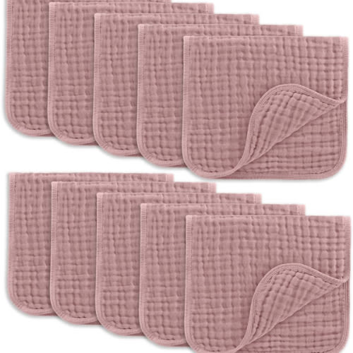 Comfy Cubs Muslin Burp Cloths 20" x 10", Pack of 10 - Large, 6-Layer, Ultra Absorbent 100% Cotton for Baby Drool and Messes - Soft, Safe & Gentle Baby Burp Cloths for Boys & Girls - Mauve
