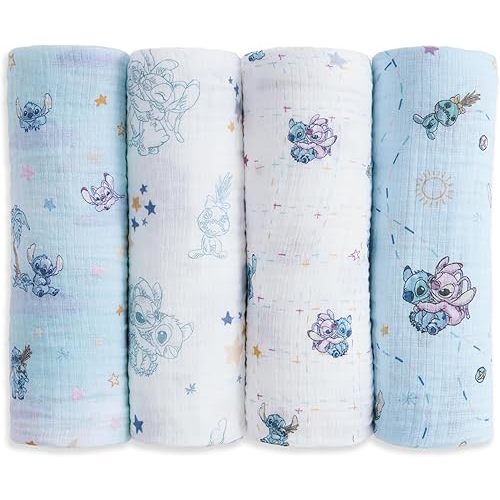 aden + anais Essentials Muslin Swaddle Blankets, Newborn Receiving Blanket for Swaddling, 100% Cotton Baby Swaddle Wrap, 4 Pack, Lilo & Stitch