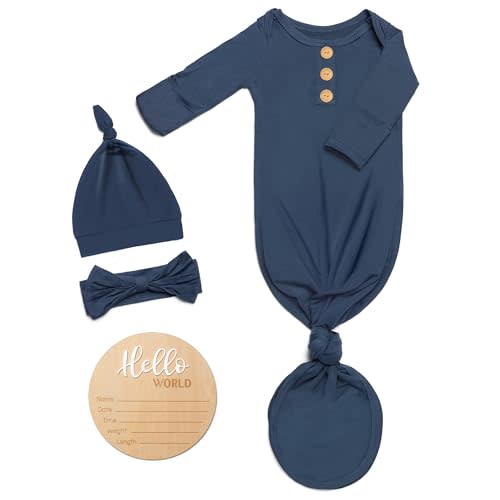 Soft Baby Knot Gown 0-3 Months, Newborn Announcement Sleepers With Mitten Cuffs and Personalized Wooden Name Tag