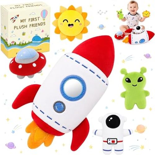 Baby Toys 0-6 6-12 Months, 5 Pcs Space Rocket Sensory Toys with Crinkle, Rattle & Squeaker, Montessori Learning Toy for 1 Year Old, Infant Newborn Baby Gifts for Boys Girls