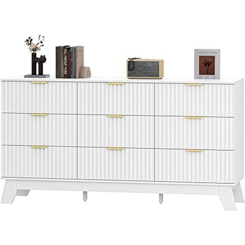 Fluted Dresser for Bedroom with 9 Drawers, 57" White Dressers & Chest of Drawers, Mid Century Modern Dressers TV Stand, Boho Wood Dresser for Closet Wide Storage Organizer for Living Room, Hallway