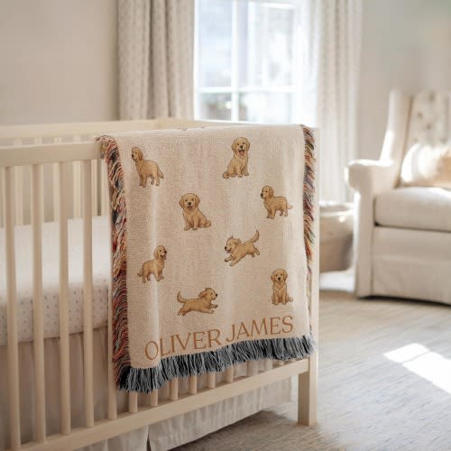 Personalized Golden Retriever Baby Blanket with Name, Cute Puppy Nursery Decor, Custom Dog Woven Throw for Boys Girls, Baby Shower Gift