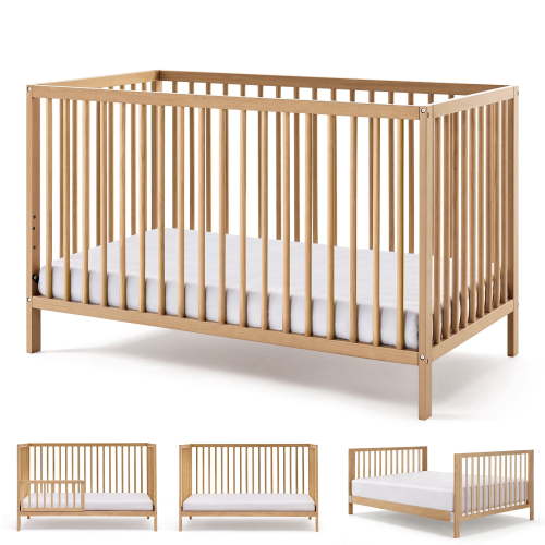 HARPPA 5-in-1 Convertible Baby Crib, White and Natural, Wooden, Adjustable Base Heights