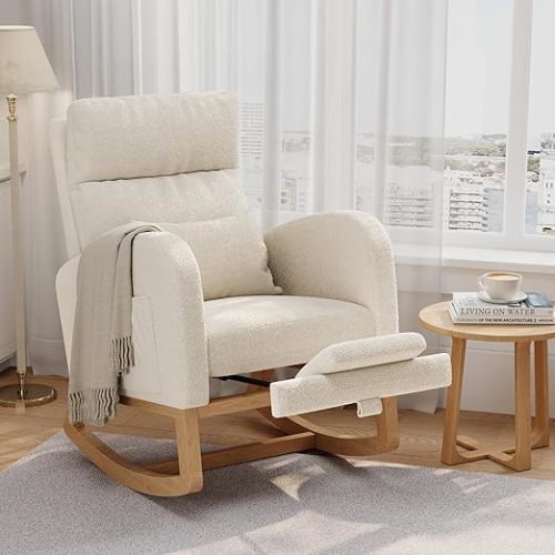 GarveeHome Teddy Fleece Rocking Chair with Footrest, Modern Nursery Glider Chair with Side Pockets and Pillow, Rocker Chair for Living Room Bedroom Nursing Room, White