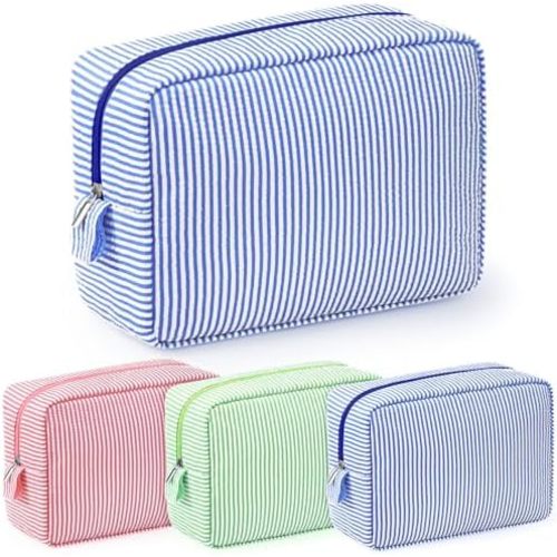 Sanwuta 3 Pcs Seersucker Makeup Bags Seersucker Cosmetic Bags Striped Women Large Travel Toiletry Organizer Preppy Storage Pouch for Embroidery Wedding Bridesmaid Gifts(Pink, Blue, Green)
