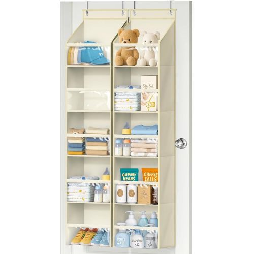 AOODA 2 Pack Over the Door Organizer, Large Capacity Closet Door Hanging Organizer, Clear Deep Pockets Baby Storage for Nursery, Bathroom, Bedroom, Pantry, Diapers (Light Yellow)