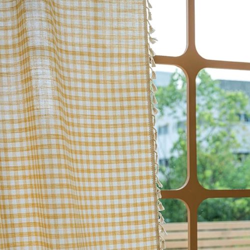 ENJOYBRIDAL Yellow Plaid 96 Inch Curtains for Bedroom Gingham Semi Sheer Drapes Rod Pocket Living Room Dining Room Long Window Curtains 2 Panel Sets Tassel Boho Cute Farmhouse Window Treatments