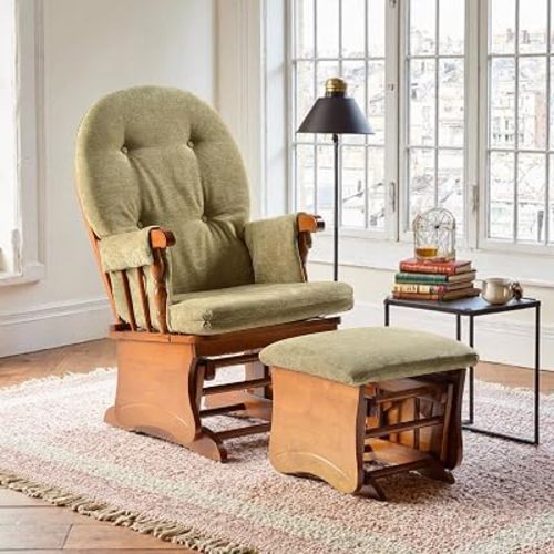 Gliding Rocking Chair with Ottoman for Nursery, Chenille Padded, Khaki