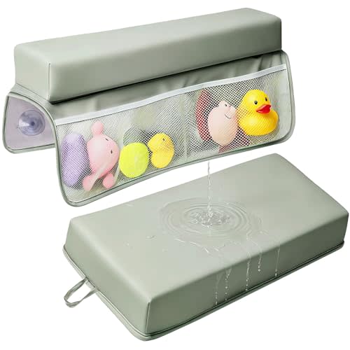 Baby Waterproof Vegan Leather Bath Kneeler and Elbow Rest Pad Set | Thickened Non-Slip Memory Foam Knee & Arm Support Bathtub Mat with Toy Organizer for Infant Toddler Bathing