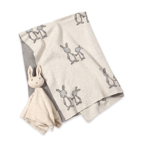 Bunny Mommy & Me - Jacquard Knit Baby Blanket & Lovey Gift SET (Organic)