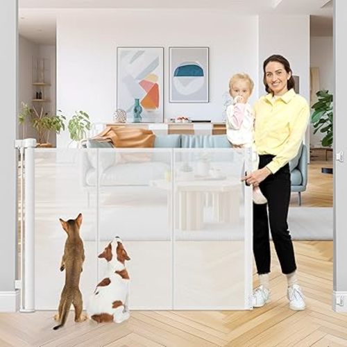 42 Inch Extra Tall Retractable Baby Gates with Reinforced Strips 55 Inch Wide Outdoor Retractable Dog Gate No Sag Extra Tall Baby Gate for Doorway Anti-Scratch Mesh Gates for Kids or Pets, White