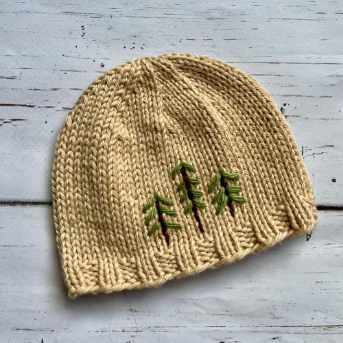 Forest Baby Knitted Hat, pine trees, Infant Toddler Child sizes, handmade knitting embroidery
