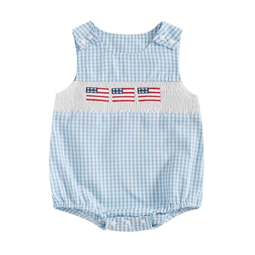 BeQeuewll 4th of July Baby Clothes Newborn Girl Boy Smocked Bubble Romper Flag Plaid Overalls Infant First 4th of July Outfit