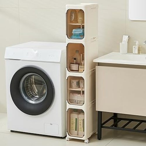 4-Tier Tall Narrow Storage Cabinet- Plastic Slim Bathroom Storage Organizer with Magnetic Doors,Adjustable Shelves&Movable Wheels, Foldable Skinny Cabinet for Small Spaces,Kitchen