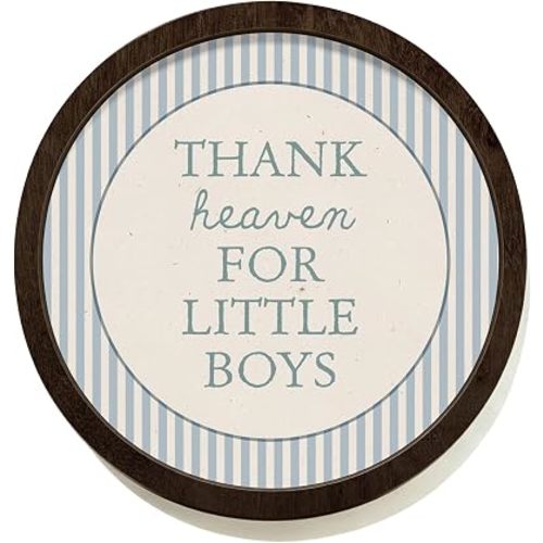 CalmVerve Baby Boy Room Baby Shower Decor, Blue Thank Heaven for Little Boys Wall Decor Round Wooden Wall Art, Room Nursery Decoration Playroom Round Wooden Wall Art 10x10 Inch, Newborn Gifts