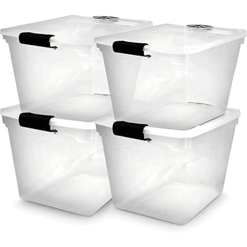 HOMZ 4-Pack Latching Lid, Large Clear Plastic Storage Bins with Lids, 31 Quart, Gray Latch - Stackable Container Boxes for Home, Bathroom, and Office Organization
