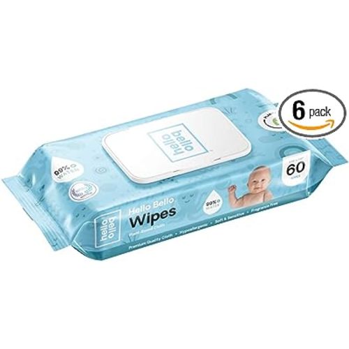 Hello Bello Baby Wipes I Plant Based Wipes for Sensitive Skin Made with 99% Water and Aloe for Babies and Kids I Unscented I 360 Count (6 Packs of 6) - 60 Count (Pack of 6)
