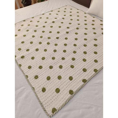 Handmade Green Polka Dot Baby Kantha Quilt, Nursery Cotton Kidds Blanket, Baby Shower Gift.