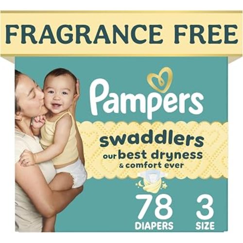 Pampers Swaddlers Diapers, Size 3 (13-26 lbs), 78 Count, Fragrance Free, Hypoallergenic, Absorbent, Pediatrician Recommended, Skin Safe