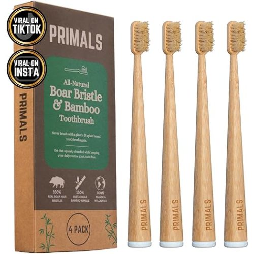 PRIMALS Boar Bristle & Bamboo Toothbrush (4-Pack) - Premium Boar Bristles - Fully Biodegradable - Plastic & Nylon Free - Quick Dry Design