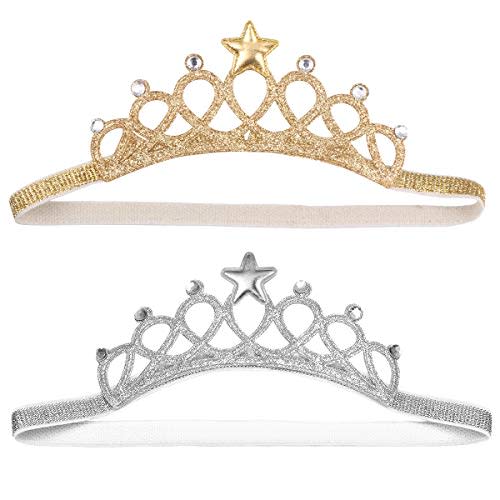 Beaupretty 2PCS Baby Girls Crystal Crown Tiara Hair Belt Headband Soft Headwrap Princess Headpiece Children Hair Accessories for Birthday Party, Photography (Silver+Gold)