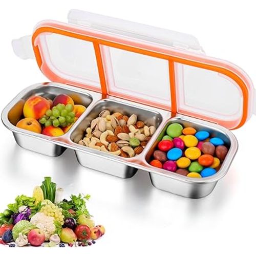 AIERSA Stainless Steel Snack Containers with Lids, Metal Snack Containers, 3 Compartment Food Container, Reusable Snack Container Stainless Steel