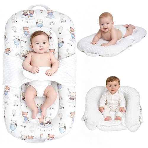 Baby Lounger, 3-in-1 Portable Infant Lounger for Newborns 0-24 Months, Foldable Sitting Seat with Removable Cover, Dual-Sided 100% Cotton and Velvet, Ideal Baby Shower Gift