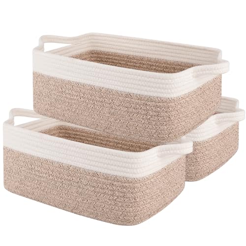 OIAHOMY 3 Pack Storage Baskets for Organizing, Woven Cotton Rope Basket for Shelves, Closet Organizer Bins with Handles, Rectangle Toy Organization, 13.78''×9.84''×5.5'', Brown & White