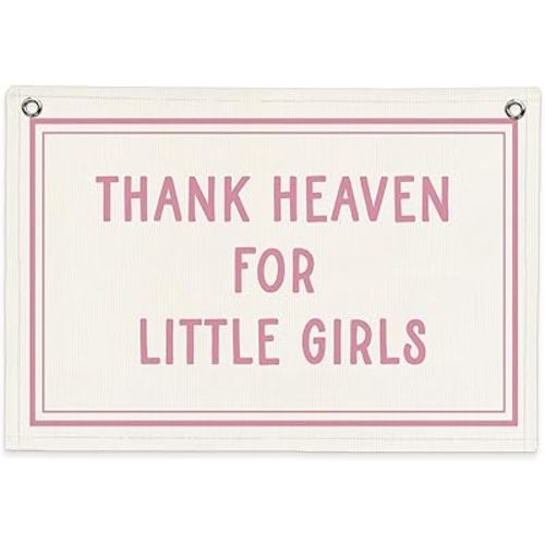 Girls Nursery Decor – Thank Heaven for Little Girls Linen Banner, Pink Baby Shower Gifts, Vintage Canvas Wall Hanging, Baby Girl Room Decoration, 20x30 Inch