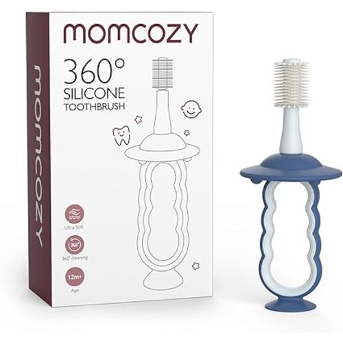 Momcozy Baby Toothbrush, Toddler Toothbrush 1-2, Infant Tooth Brush 6 to 12 Months and up, Oral Cleaner, Baby Tongue Cleaner, Blue
