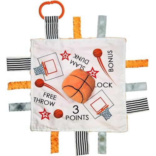 Baby Jack & Co 10x10” Basketball Sports Lovey Sensory Plush Blanket - Tag Toy for Developing Sense of Touch - Travel Stroller Toy w/BPA Free Clip - Learn Shapes, Letters & Colors - Sports Gift