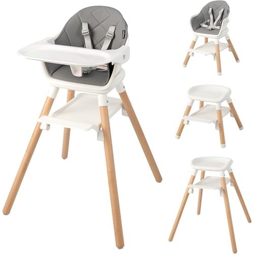 BABY JOY Baby High Chair, 6 in 1 Convertible Wooden High Chair for Babies & Toddlers with Adjustable Legs, Double Removable Tray, Safety Harness & Waterproof PU Cushion (Beige)