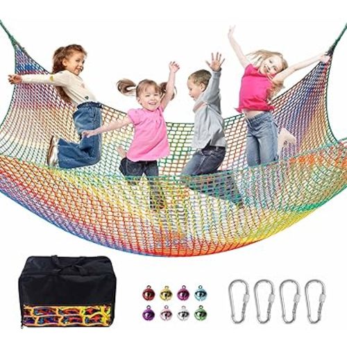 Climbing Net for Kids - 9.9FT x 9.9FT Double Layers Heavy Duty Playground Safety Net, Climbing Cargo Net for Tree House Tree Fort, Back Yard, Jungle Gyms, Monkey Bar Security Mesh（Rainbow）