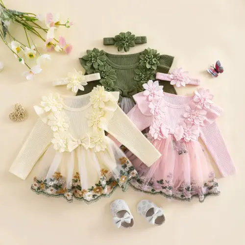 Baby Girls 2Pcs Fall Outfits Long Sleeve Flower Embroidery Tulle - TikTok Shop
