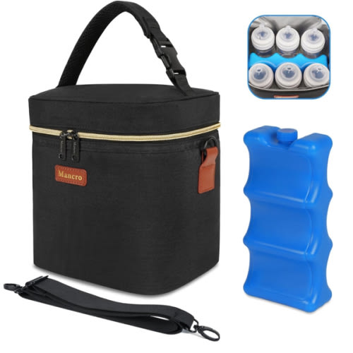 Mancro Breastmilk Cooler Bag with Ice Pack, Fits 6 Baby Bottles Up to 9 Ounce Insulated Baby Bottle Bag, Breast Milk Cooler on The go with Strap, Bottle Storage Bag for Nursing Mom Daycare, Black