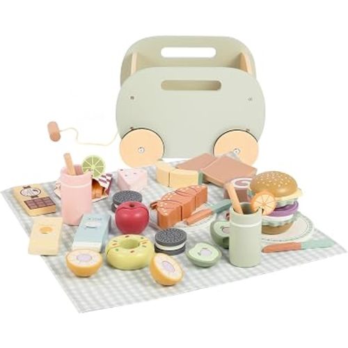 Picnic Wooden Playset with Pretend Play Food & Cutting Fun Toy, Kids Play Kitchen Accessories & Pull Cart, Boys and Girls Ages 3 4 5 6 Birthday Gift，Outdoor Food Toys for Kids