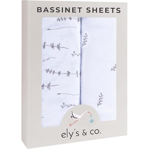 Ely’s & Co. Bassinet Sheets, Baby Boy/Girl Fitted Bassinet Mattress Sheet Set - 2 Pack, 100% Jersey Knit Cotton, fits Oval, Hourglass and Rectangle Mattress, Forest Grey Floral, 32”x16”x3”