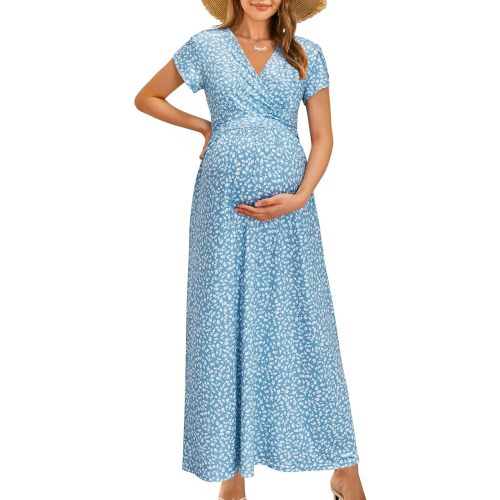 OUGES Maternity Maxi Dress Wrap Baby Shower Pregnancy Dresses for Photoshoot Maternity Outfits Summer Clothes 2026