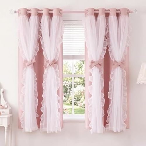 PONY DANCE Coquette Style Curtains for Girls'Bedroom Decorative Drapes for Kids Double Layer Curtain Ruffle Sheer Overlay Room Darkening Pretty Chic Princess, 52x63 inch, Blush Pink, 2 PCs