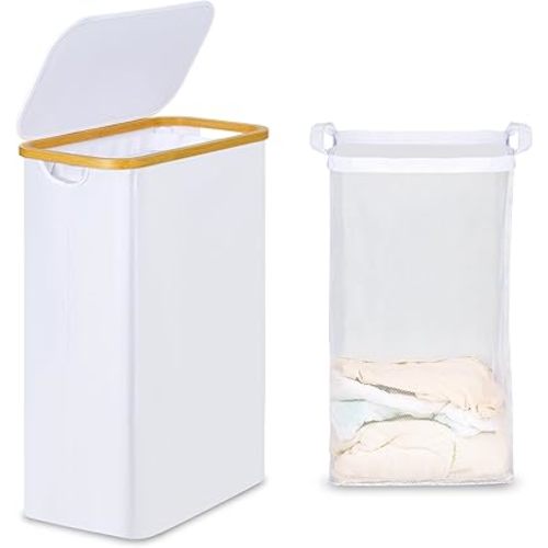 efluky Slim Laundry Basket with Lid, Narrow Laundry Hamper with Removable Bag, Skinny Dirty Clothes Basket with Bamboo Handles for Bathroom, Bedroom & Laundry Room, 65L White