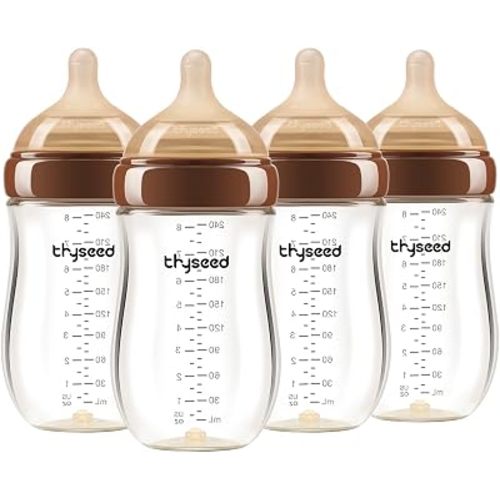 Thyseed Anti-Colic Glass Baby Bottle for Breastfed Infants, Natural Feeding, Breast-Like Newborn Medium Fast Flow Nipple (3m+), 8 oz, 4 Pack
