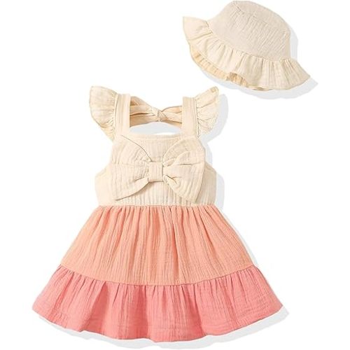 Renotemy Vestidos de Bebé para Niña Pequeña Ropa de Niña Pequeña Vestidos de Verano de Algodón y Lino Boho Fruncidos Regalo para Niñas con Sombrero