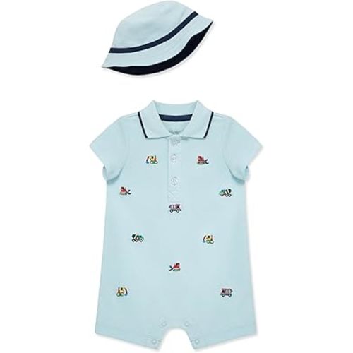 Little Me Clothes for Baby Boys' Soft Cotton Short Sleeve Romper Shirt and Coordinating Hat Set, 3 to 12 Months